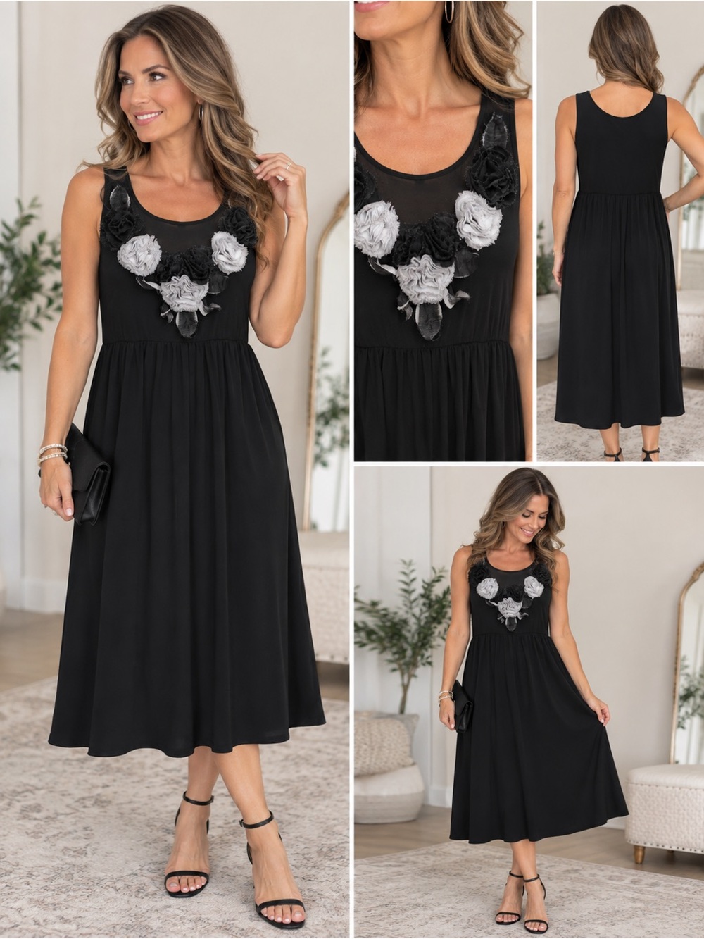 Black 3D Floral Appliqué Sleeveless Midi Dress Boho